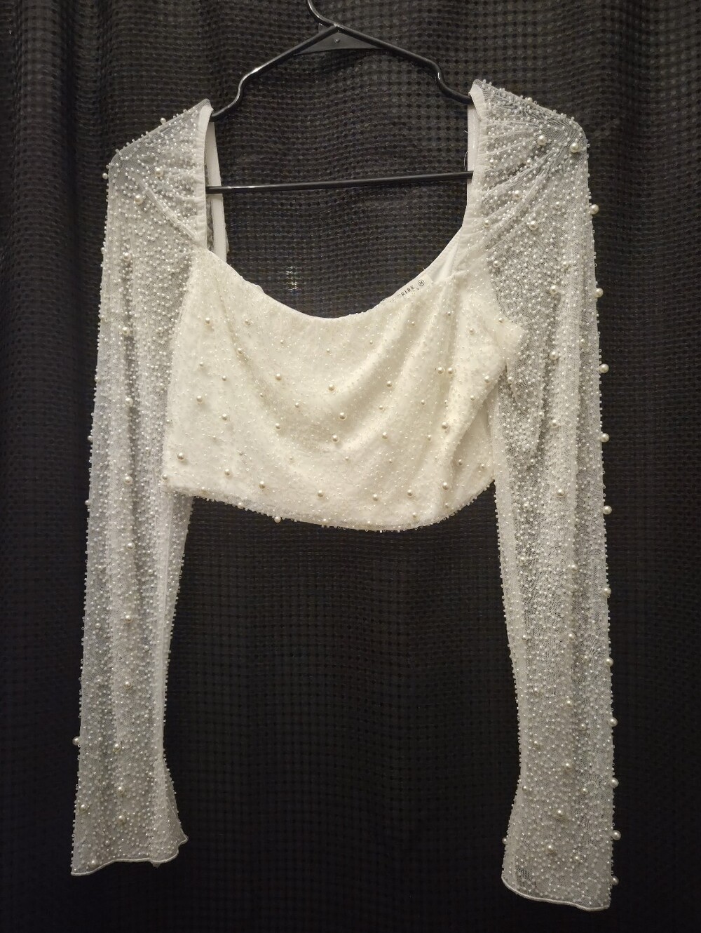 Pearl-Embellished White Long-Sleeve Crop Top